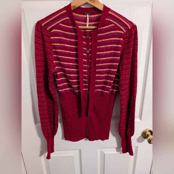 Free People Womens Sweater Size medium Red Cardigan Tie Striped Long Sleeve Top - Picture 1 of 4